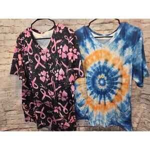 Two Scrub Tops Pink Ribbon Hearts And Tie Dye Short Sleeve Size Large